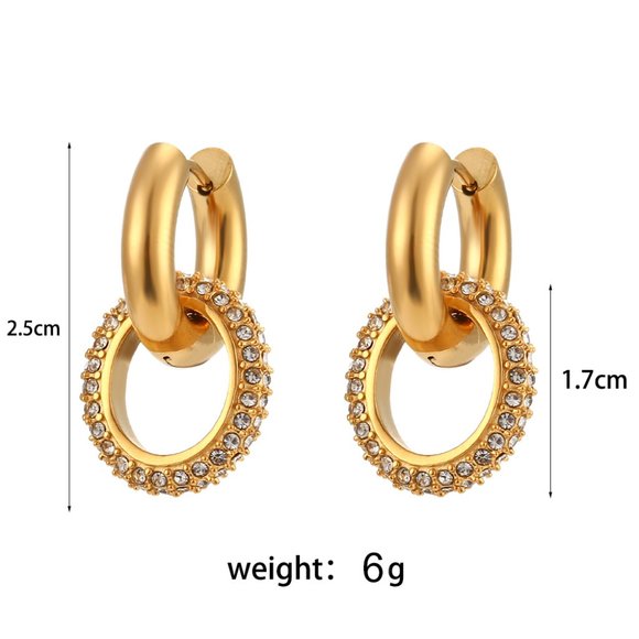 Chunky Micro Pave Zircon Double Hoop Earrings 18K Gold Plated Stainless Steel - Picture 10 of 10